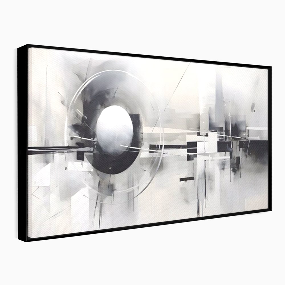 Tablou canvas cu pictura abstracta cu sfera si cercuri, in rama de aluminiu negru